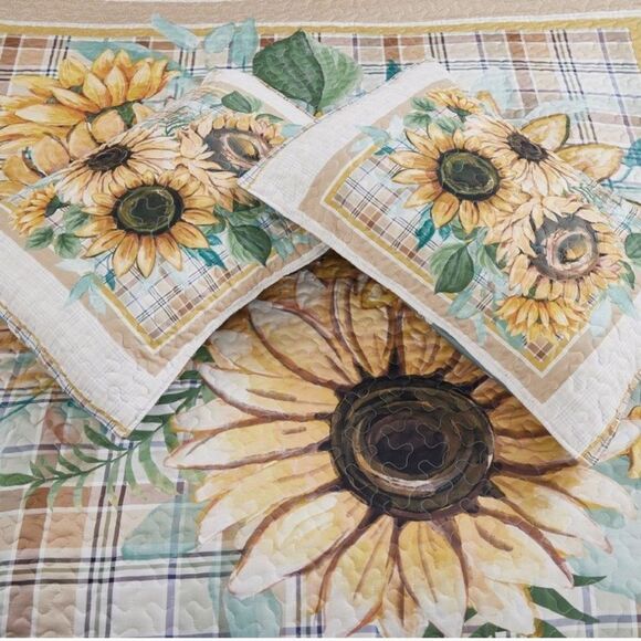Sunflower Bouquet Printed Lightweight KING Quilt Set Cottagecore Farmhouse - Picture 3 of 5